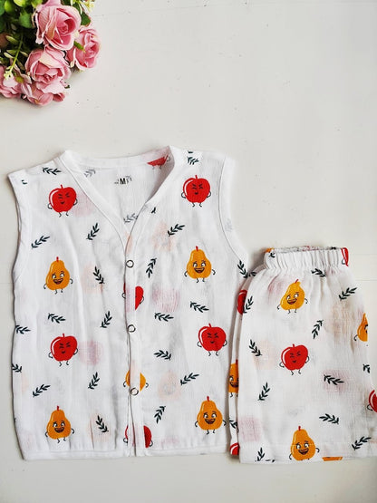 Muslin White Co-Ord Sets - Apple Print - 0 - 6 M image