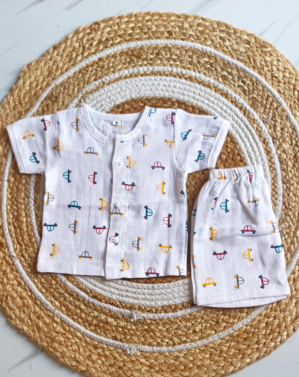 Muslin Half Sleeve Jabla Set - Car Print (Design - 2) - 0 - 3 M image