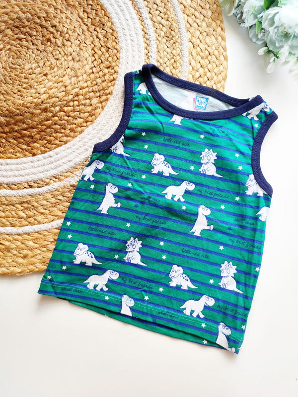 Kids Sleeveless Cotton Top - Green Dinos