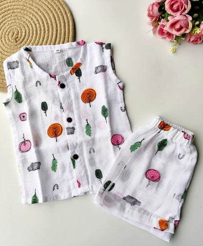 Muslin Sleeveless Co Ord Set - Trees