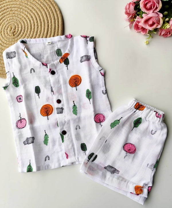 Muslin Sleeveless Co Ord Set - Trees