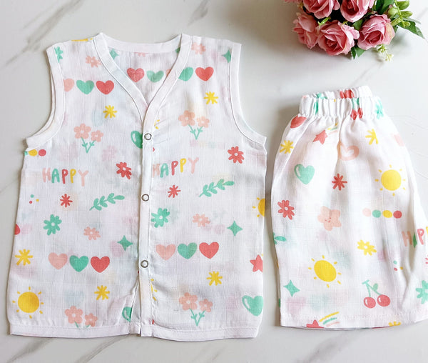 Muslin White Co-Ord Sets - Happy Heart Print