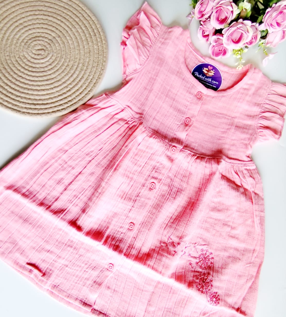 Muslin Frill Sleeve Frock - Cotton Candy Pink