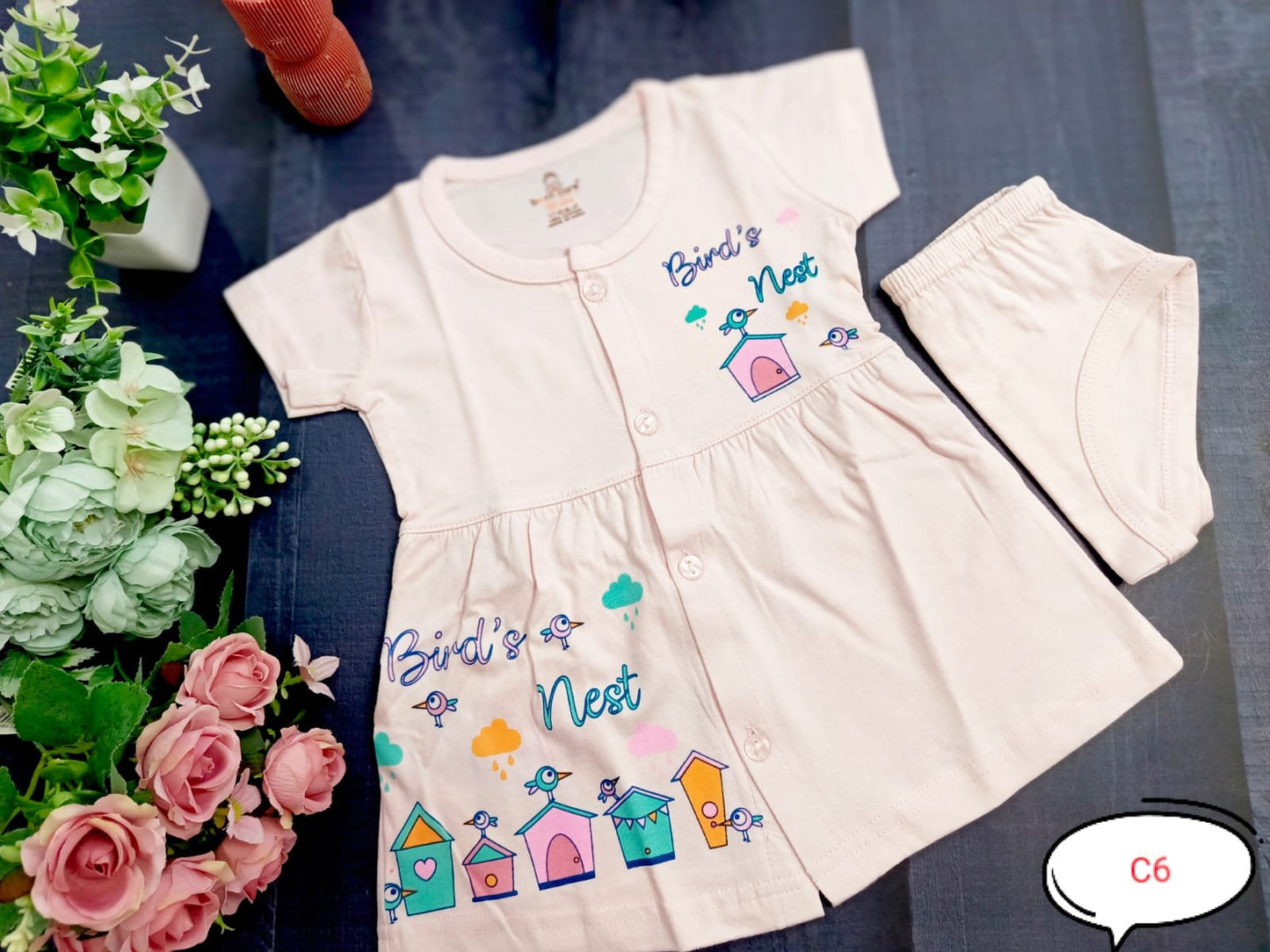 Cotton Frock - Bird's Nest Print - Pink, 6 - 12 M image