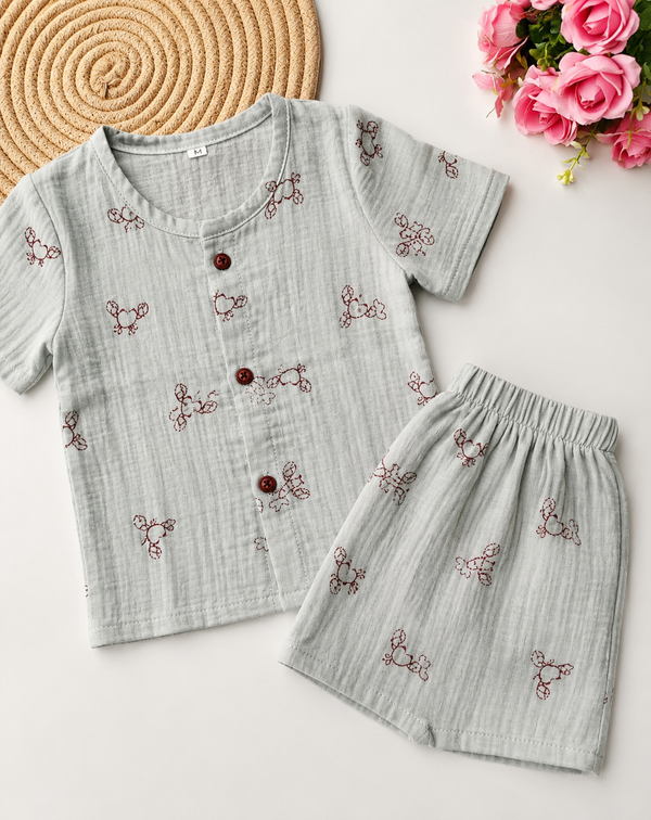 Muslin Half Sleeve Co Ord Set - Ash Green Crab