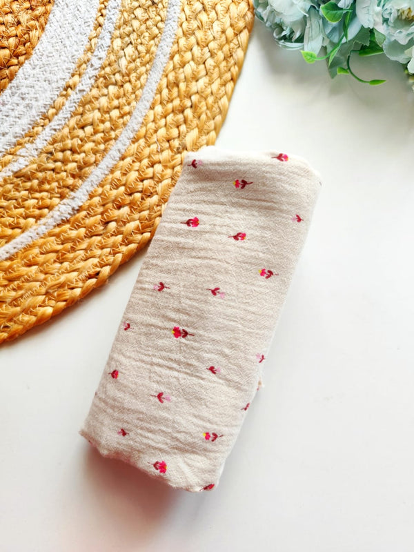 Muslin Bath Towels - Beige with Red Floral Print