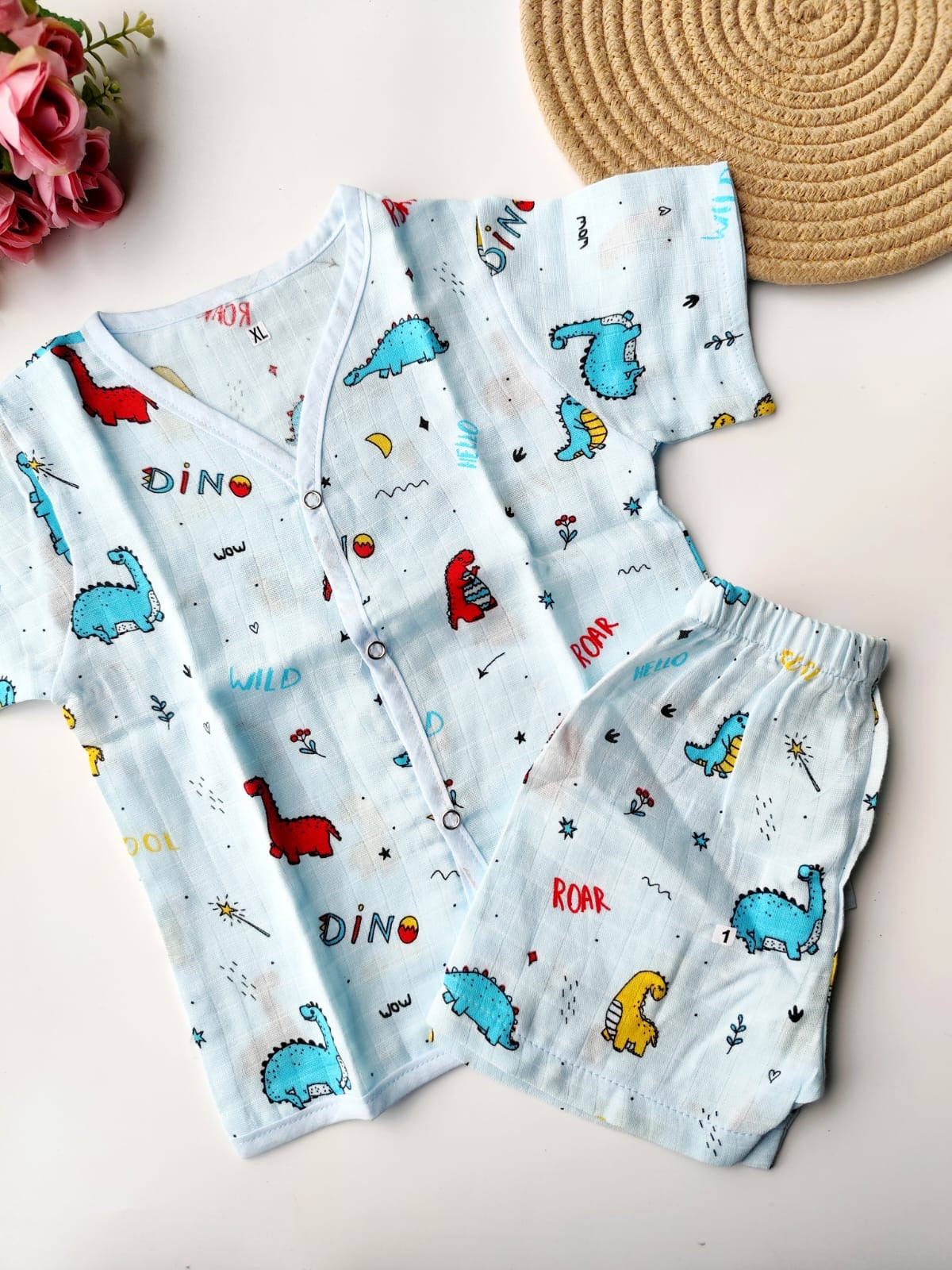 Muslin Colored Co Ord Set - Blue Dino