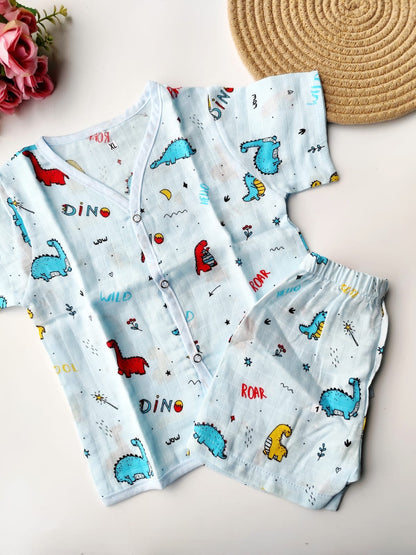 Muslin Colored Co Ord Set - Blue Dino