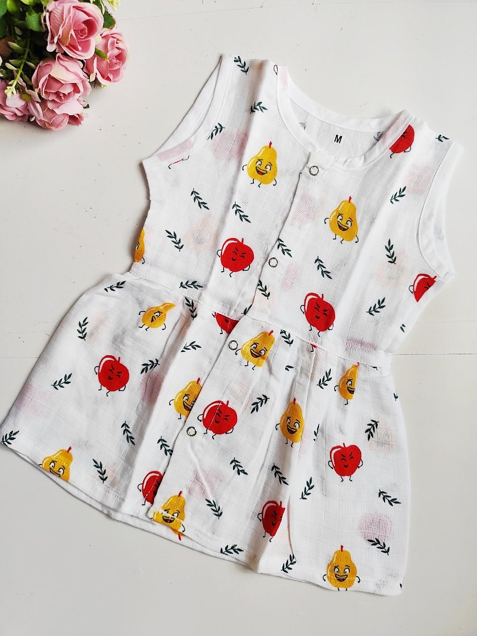 Muslin Hip Cut Frocks - Apple & Pear Print, 3 - 6 M image