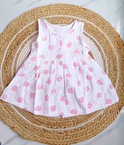 Muslin Button Frocks - Elephant Print, 3 - 6 M image