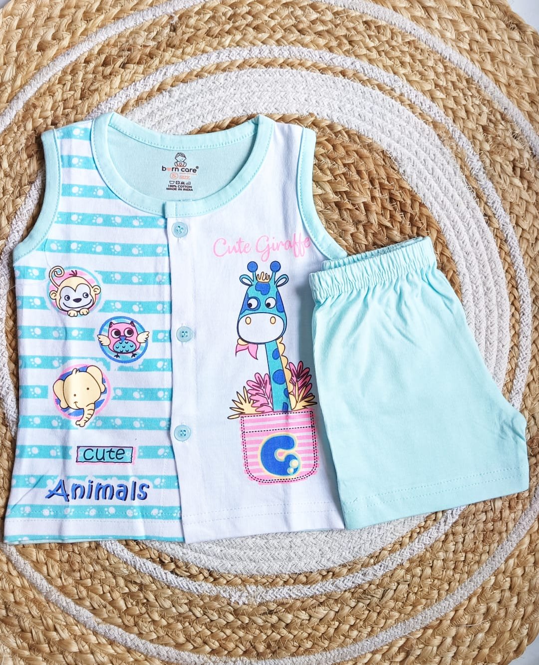 Unisex T Shirt with Trouser Set - Giraffe Print - Blue, 0 - 6 M image