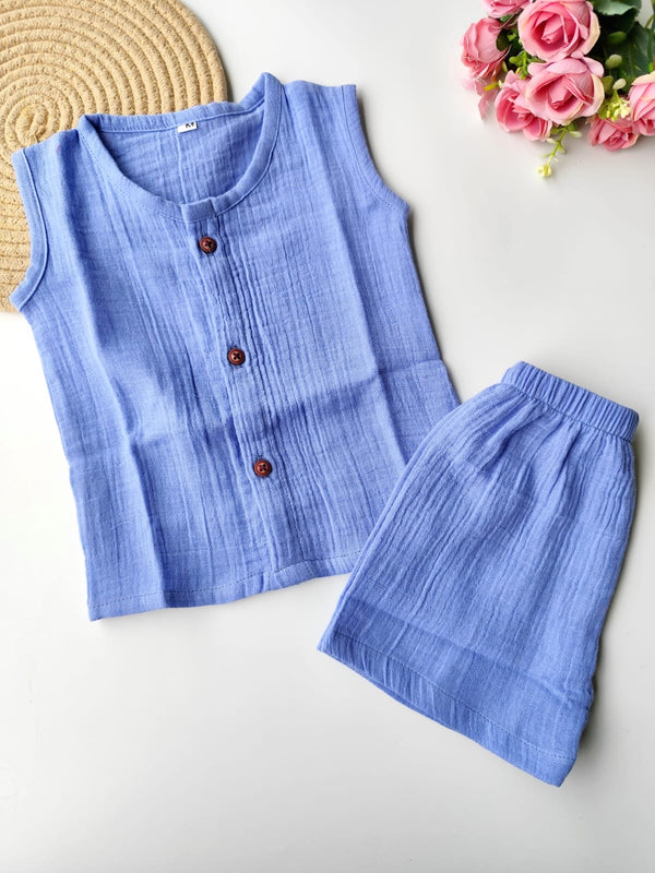 Muslin Sleeveless Co Ord Set - Blue
