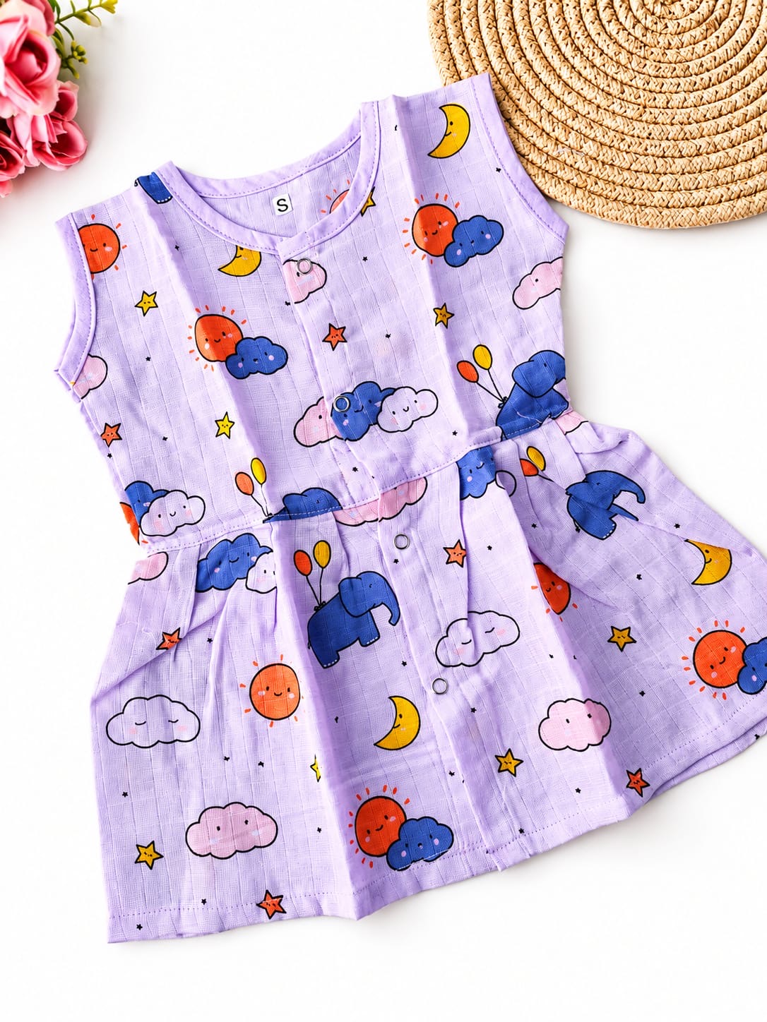 Muslin Colored Hip Cut Frock - Lilac Elephant