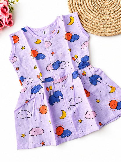 Muslin Colored Hip Cut Frock - Lilac Elephant
