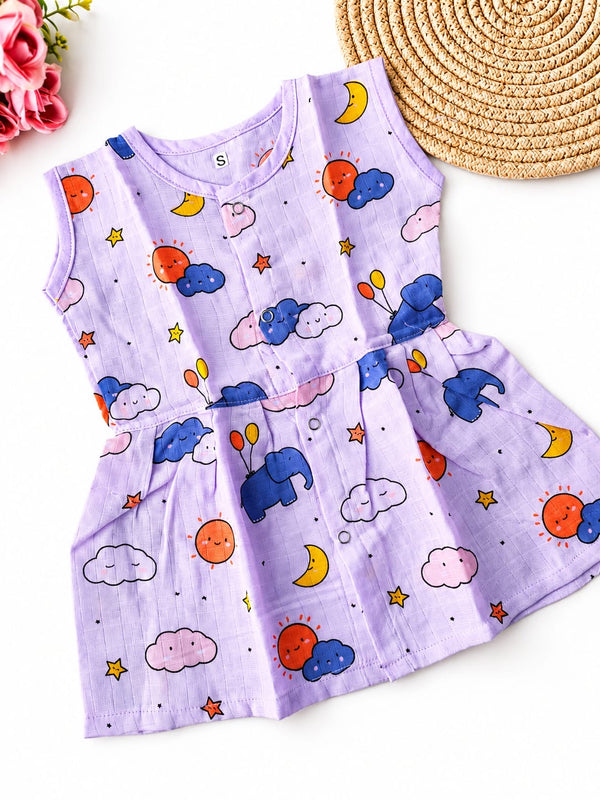 Muslin Colored Hip Cut Frock - Lilac Elephant