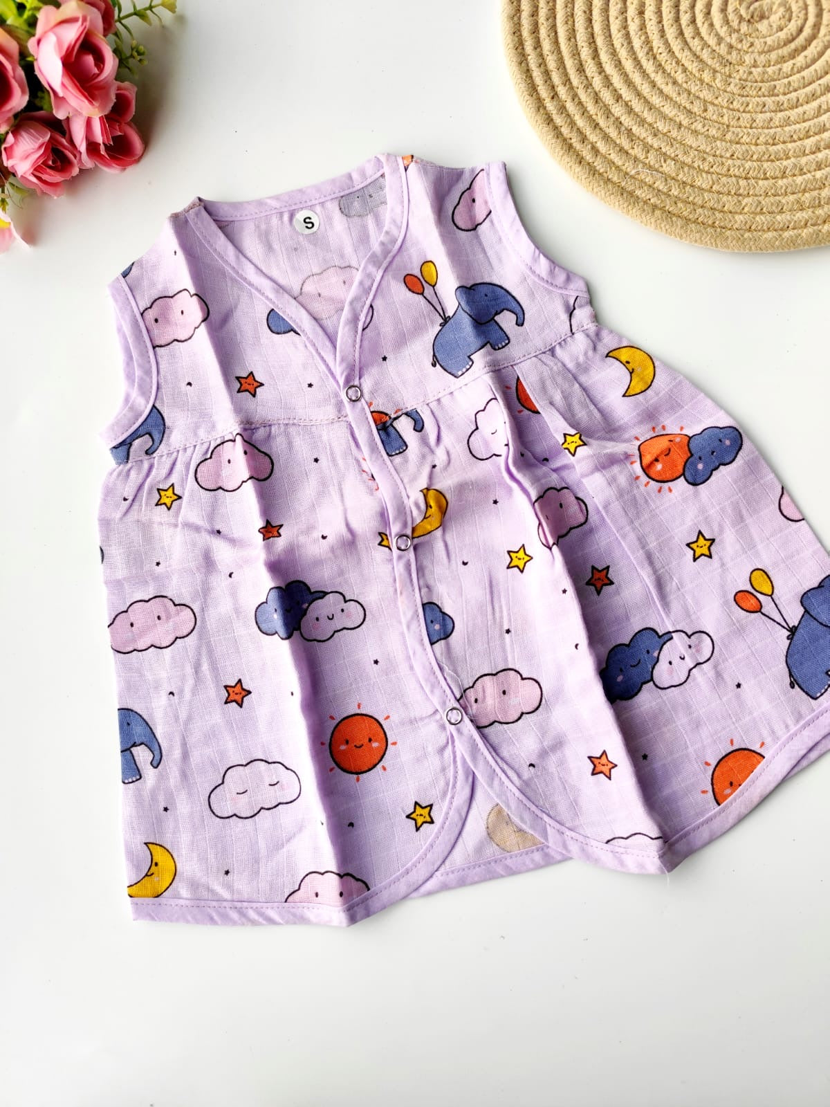 Muslin Colored Chest Cut Frock - Lilac Elephant
