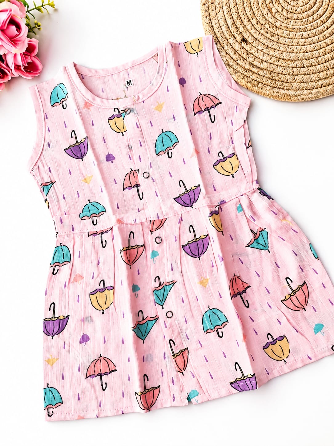Muslin Colored Hip Cut Frock - Pink Umbrella