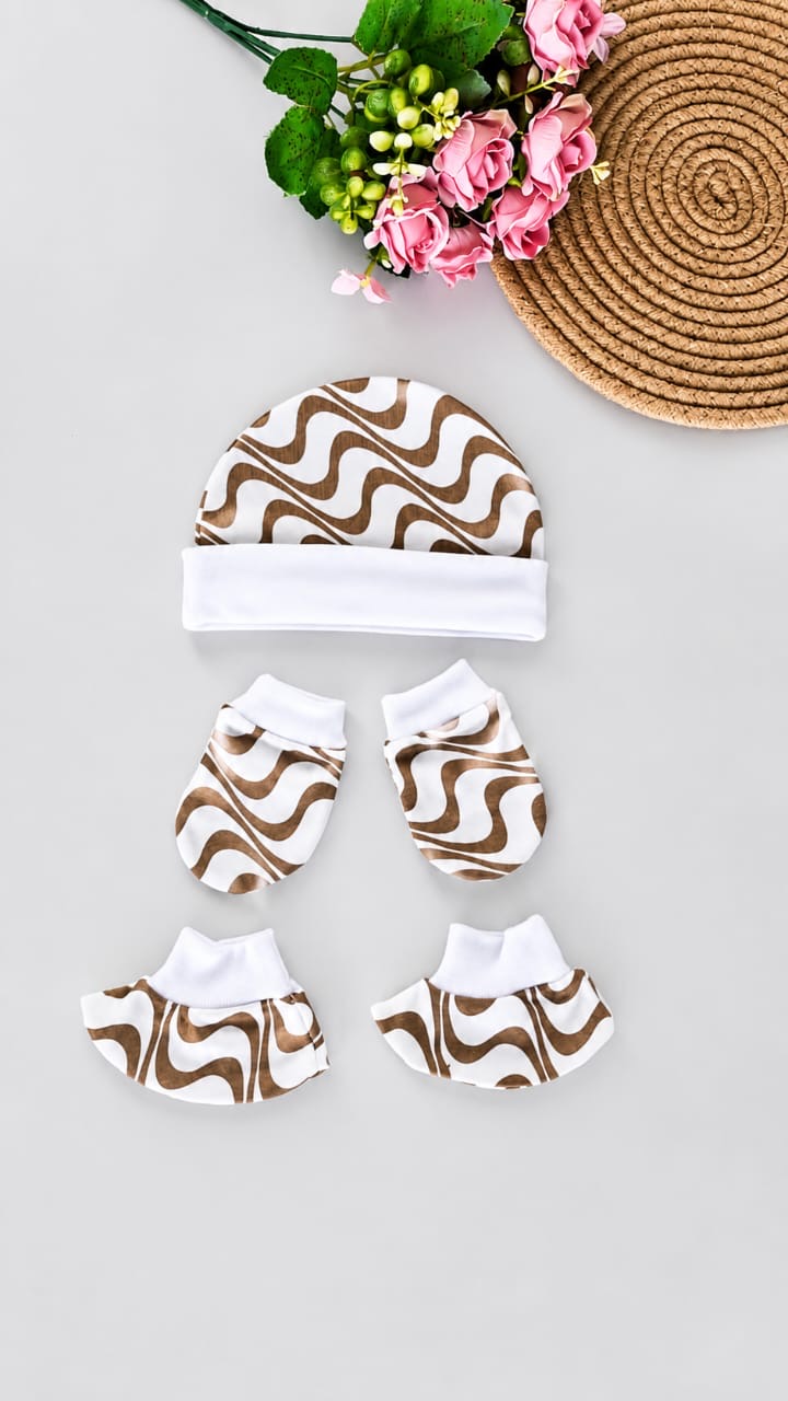 Cotton Cap, Mittens & Booties - Brown