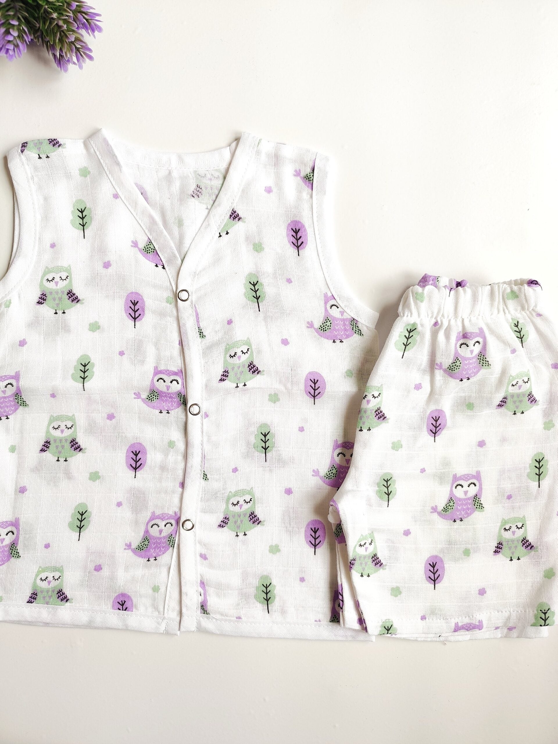 Muslin White Co-Ord Sets - Owl Print - 6 - 9 M image
