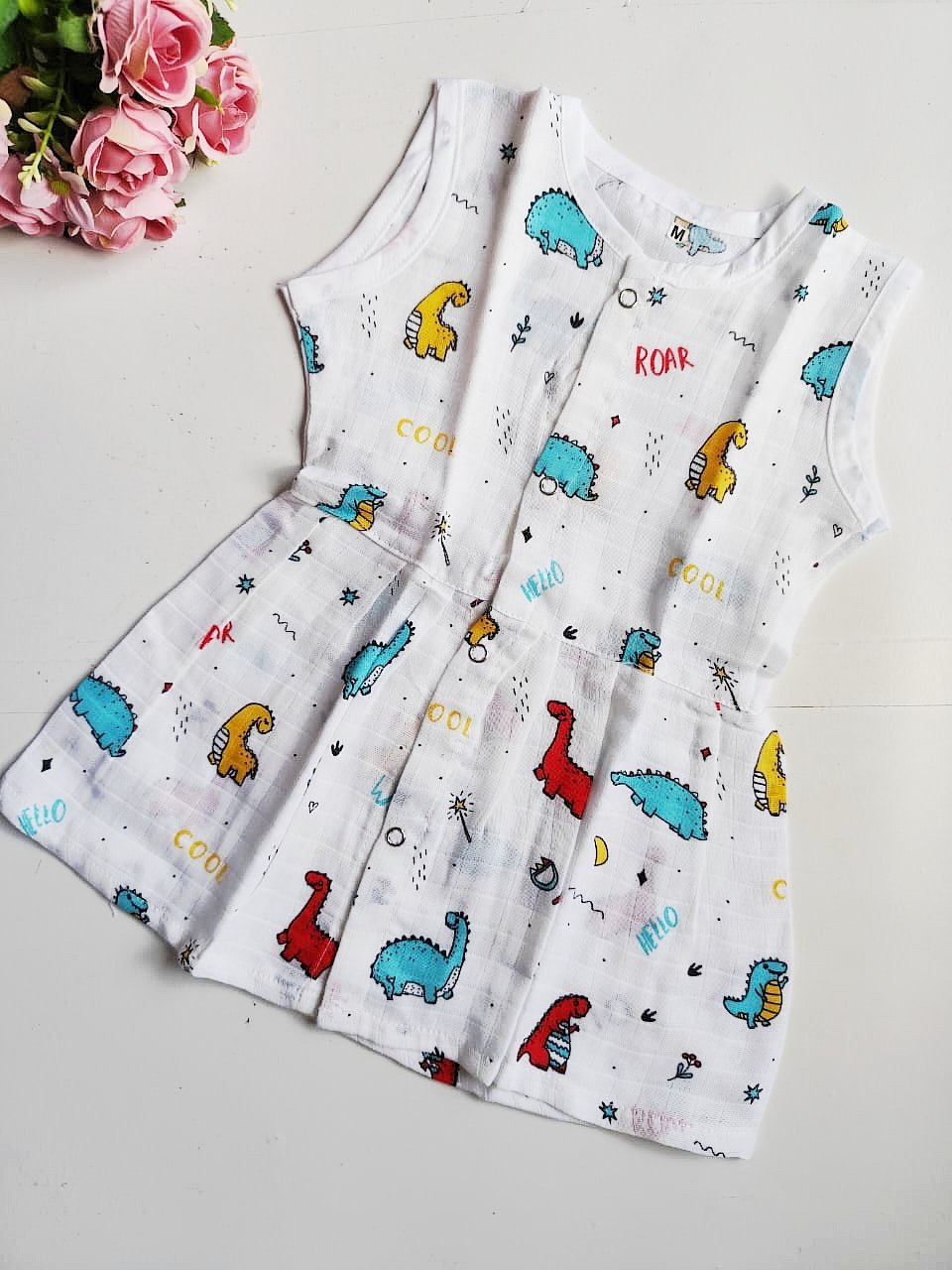 Muslin Hip Cut Frocks - Dino Print, 3 - 6 M image