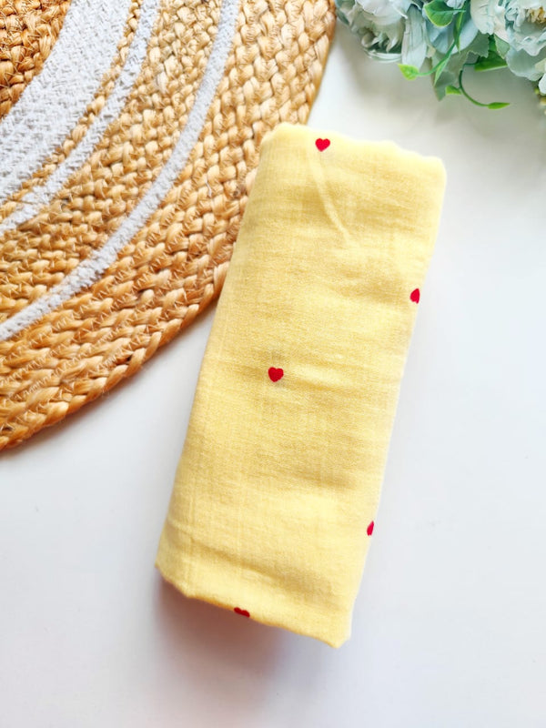 Muslin Bath Towels - Yellow with Red Hearts