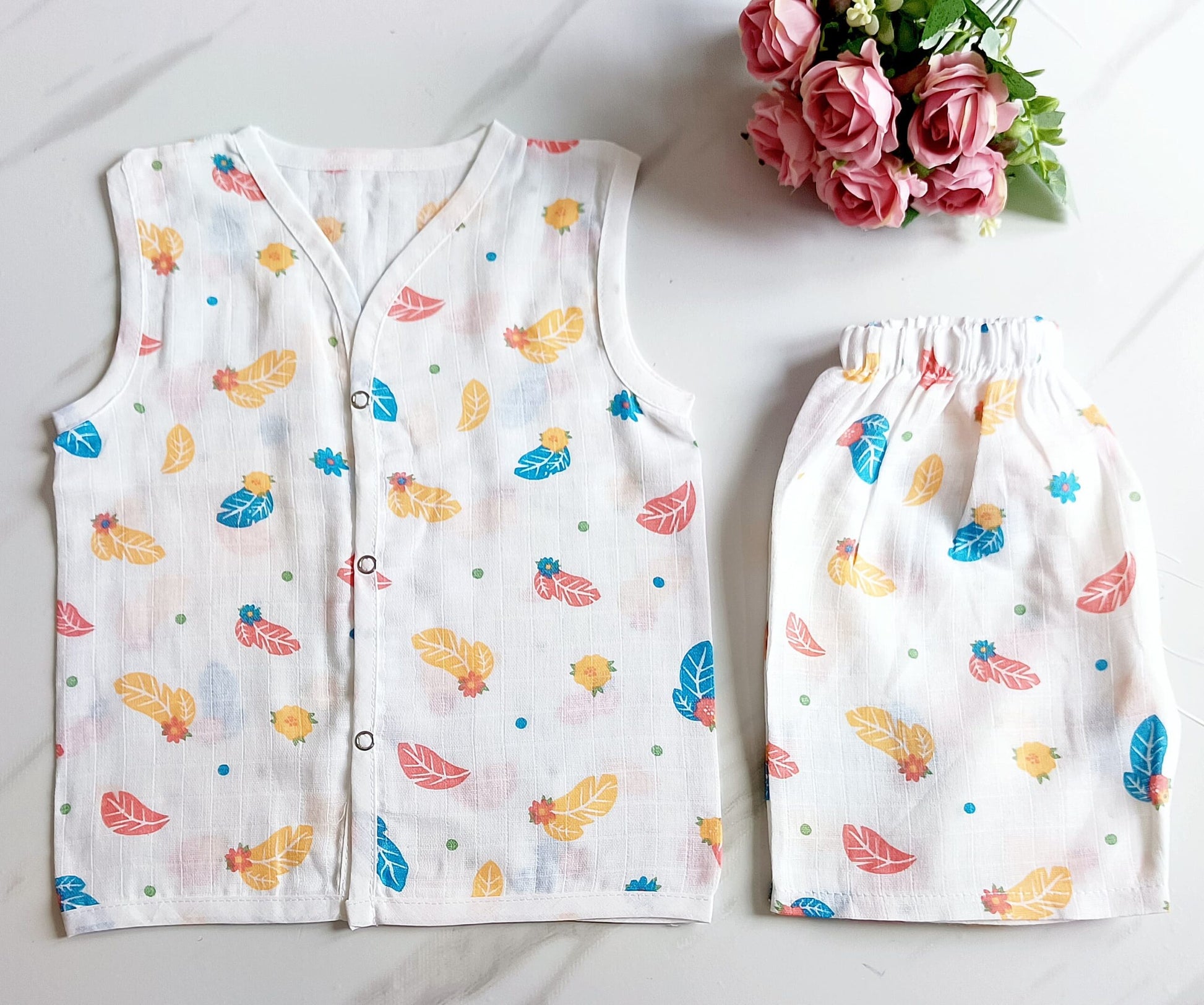 Muslin White Co-Ord Sets - Feather Print - 6 - 9 M image