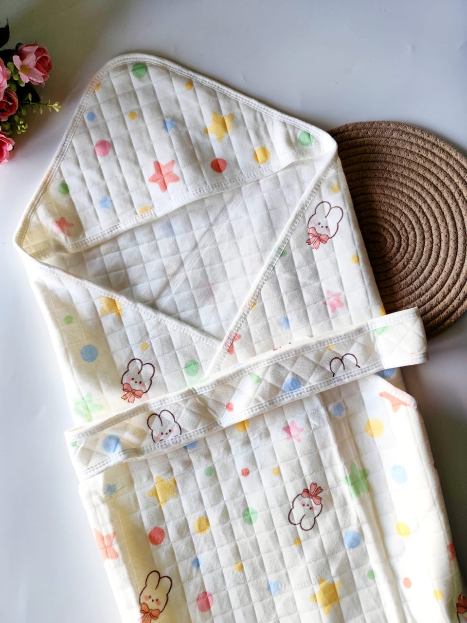 White Quilted Muslin Printed Blanket/Hooded Wrapper - Random Print