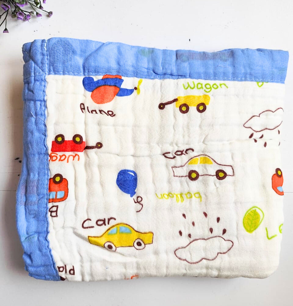 White Muslin Crinkled 6 Layered Blankets (110*110 cm) - Cars Print image