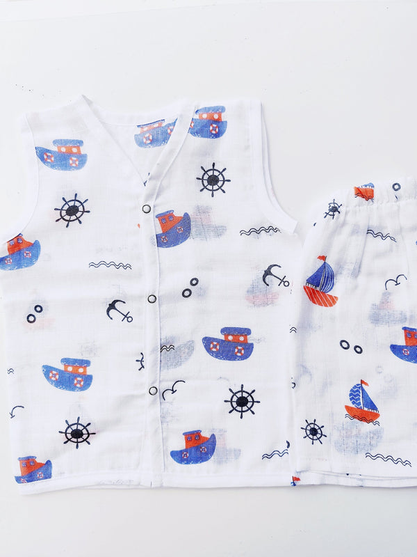 Muslin White Co-Ord Sets - Boat Print