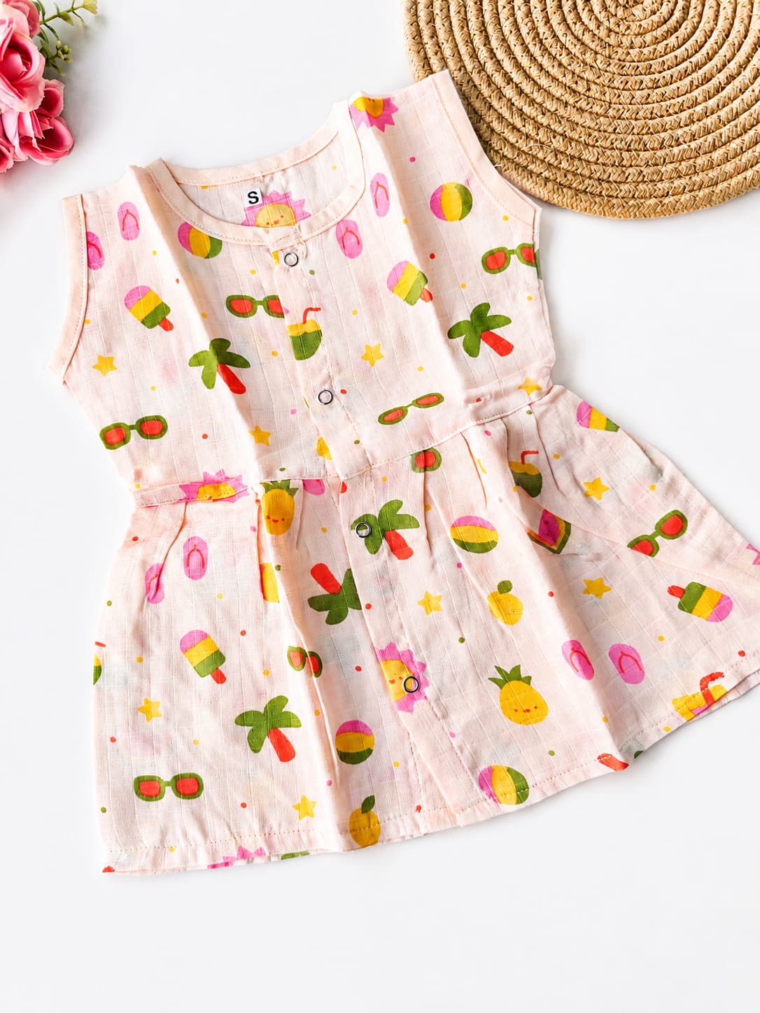 Muslin Colored Hip Cut Frock - Peach Summer