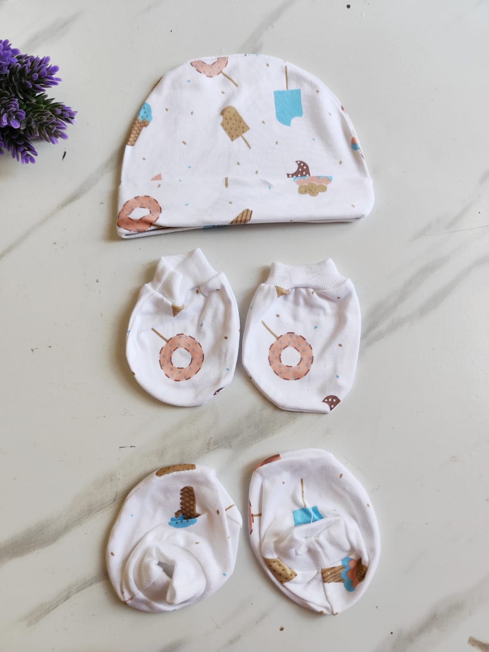 Cotton Cap, Mittens & Booties Set - Icecream Print (0 - 6 Months) image 0