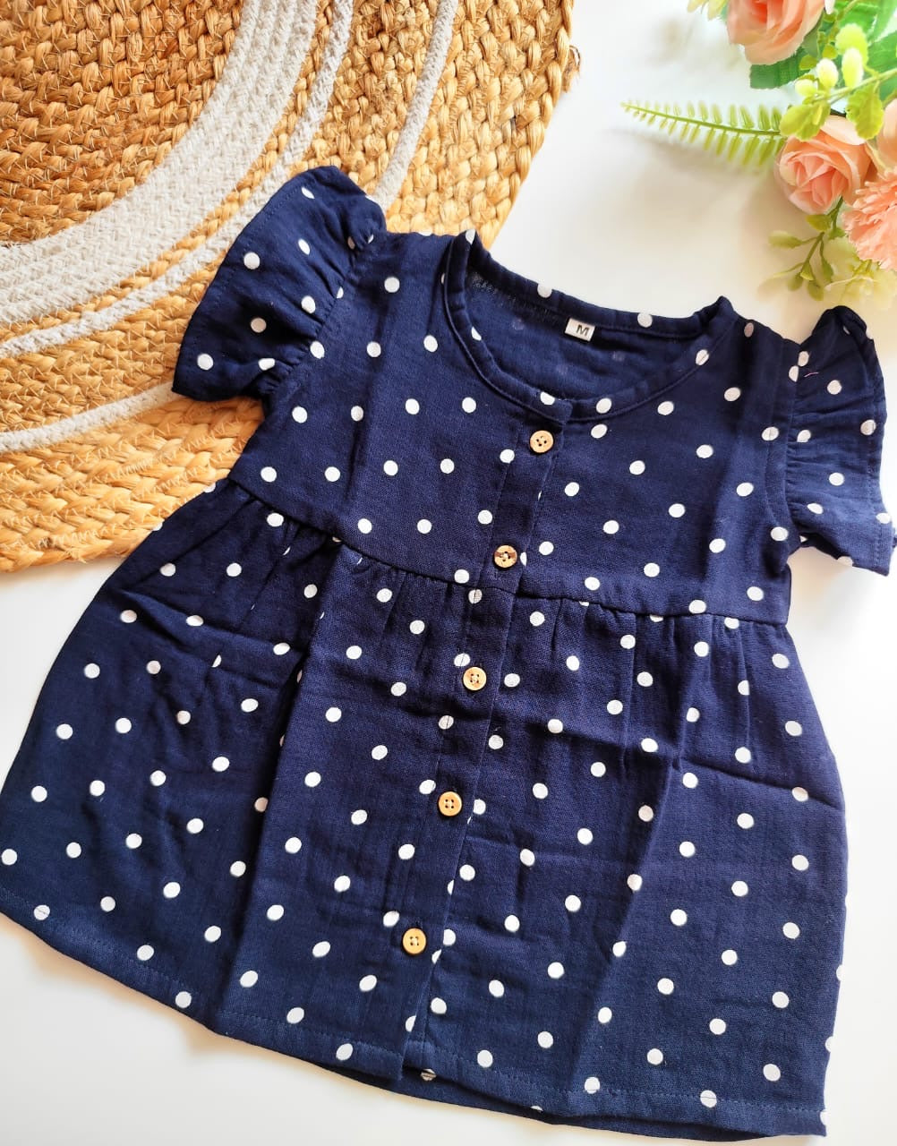 Muslin Frilled Sleeve Frock - Navy Polka