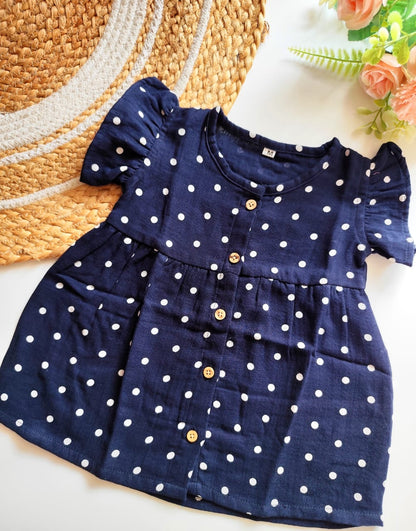 Muslin Frilled Sleeve Frock - Navy Polka