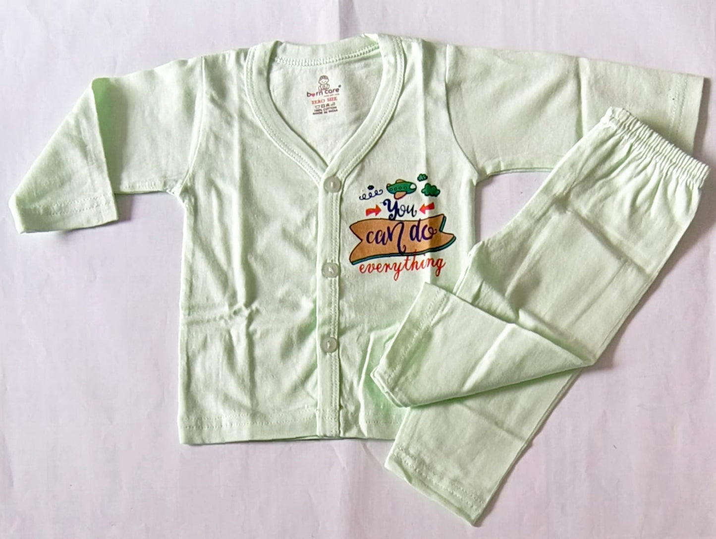 Unisex Cotton Night Suit - You Can Do Anything Print - Green, 0 - 3 M image