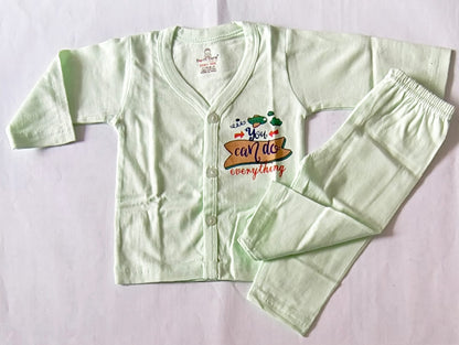 Unisex Cotton Night Suit - You Can Do Anything Print - Green, 0 - 3 M image