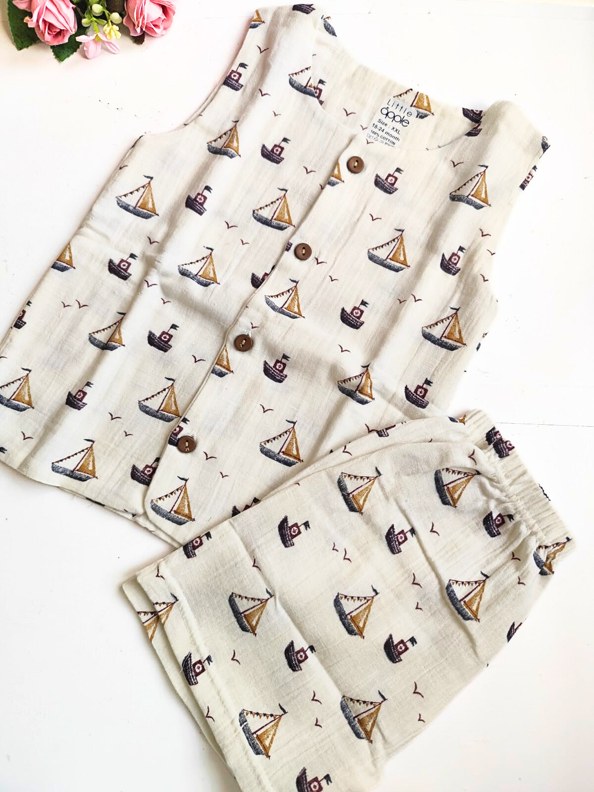 Muslin Sleeveless Co Ord Set - Ship Print - 18 - 24 M image