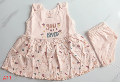Shoulder Button Cotton Frock - Peach, 6 - 12 M image