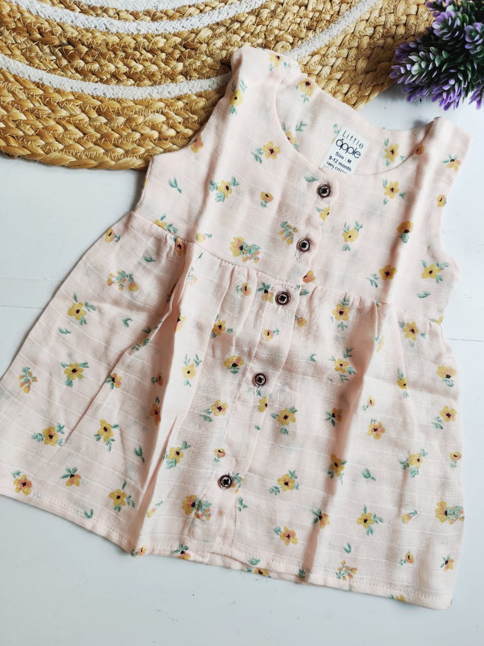 Printed Muslin Frock - Yellow Floral Print image 0