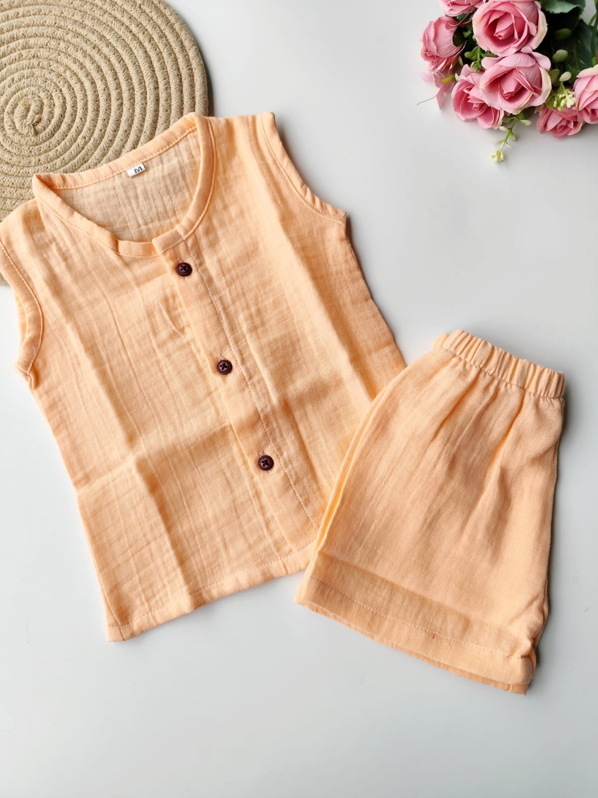 Muslin Sleeveless Co Ord Set - Peach
