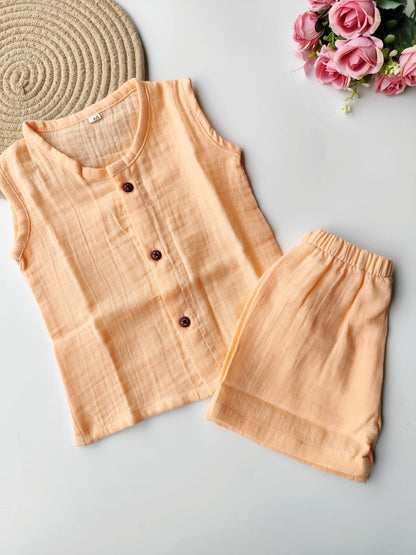 Muslin Sleeveless Co Ord Set - Peach