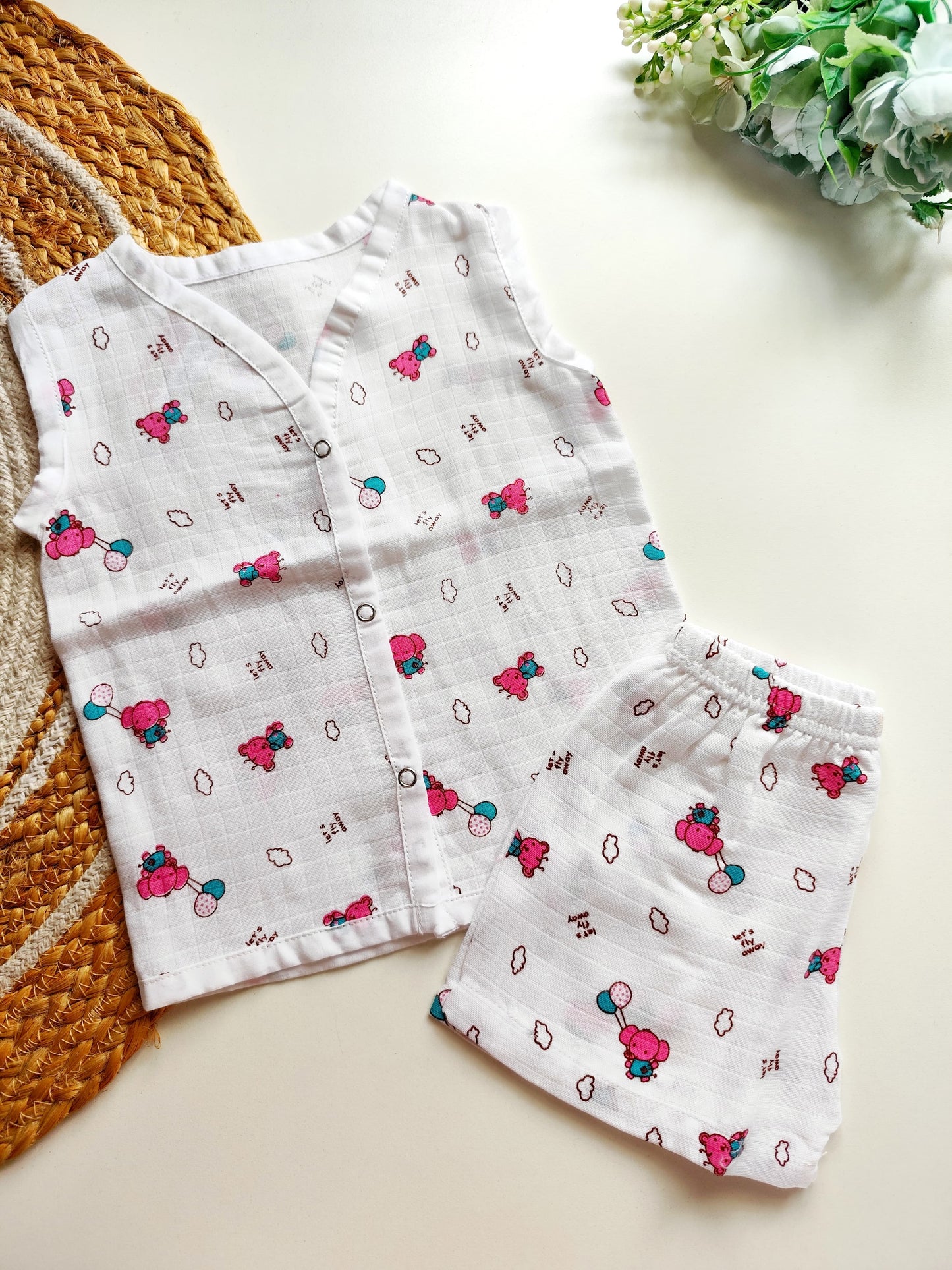Muslin Sleeveless Co Ord - Flying Elephants