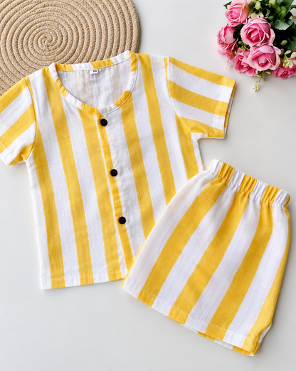 Muslin Half Sleeve Co Ord Set - Yellow & White Stripes