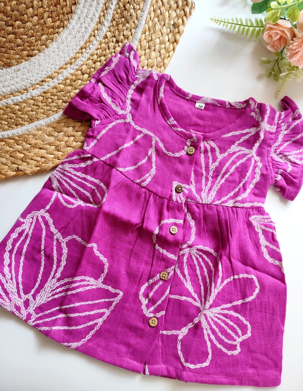 Muslin Frilled Sleeve Frock - Magenta
