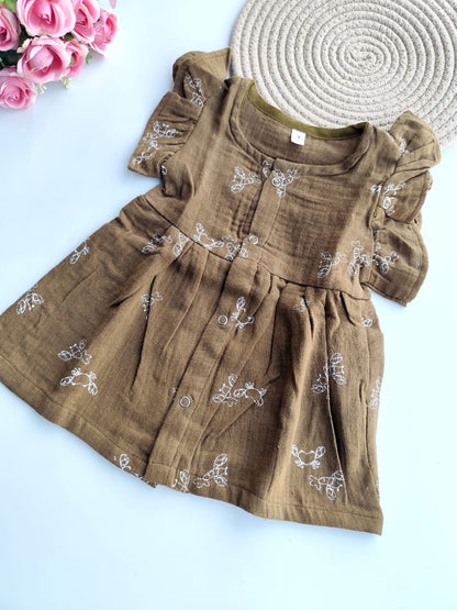 Muslin Frill Sleeve Frock - Green Crab