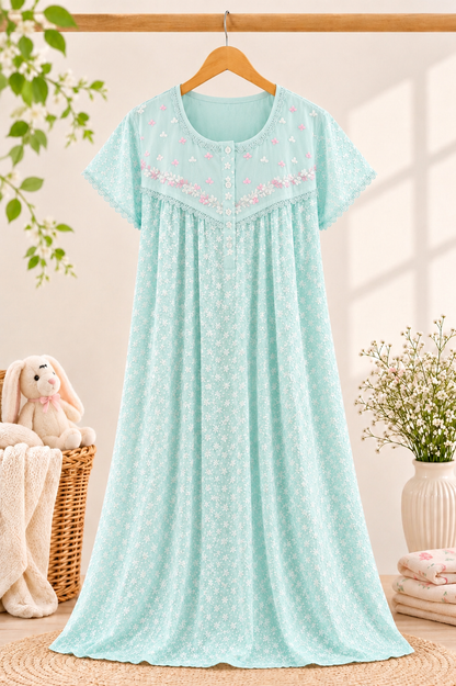 Chikankari Maternity/Feeding Nighty - Blue