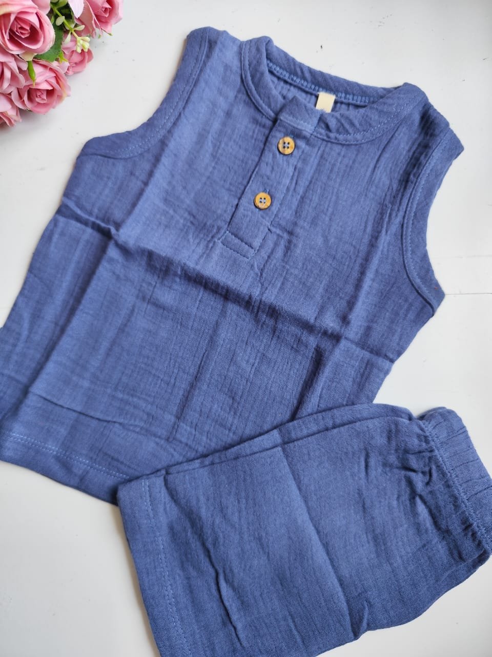 Muslin Unisex Sleeveless Co Ord Set - Blue - 1 Y image