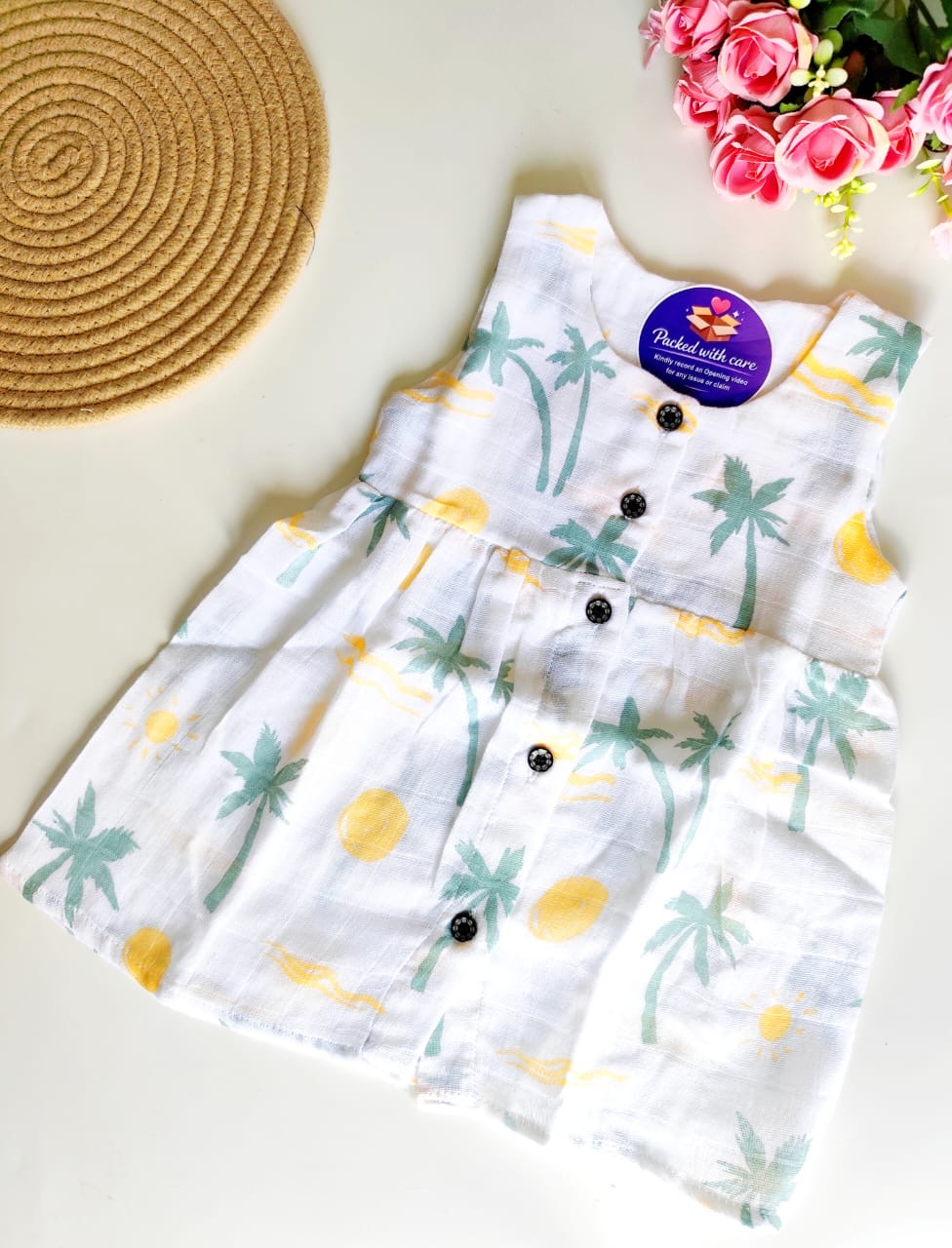 Muslin Hip Cut Frock - Coconut Trees
