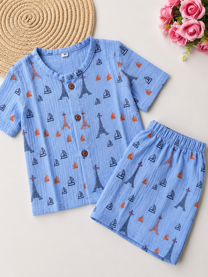 Muslin Half Sleeve Co Ord Set - Blue Eiffel