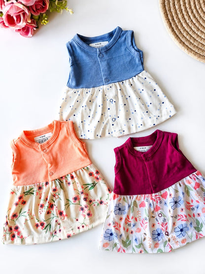 Pack of 3 - Half Sleeved Hosiery Cotton Frocks (Random Prints)