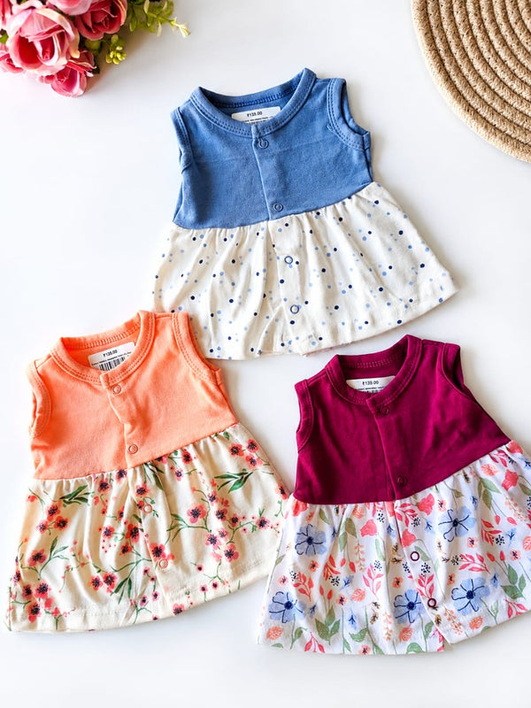 Pack of 3 -Sleeveless Hosiery Cotton Frocks (Random Prints)